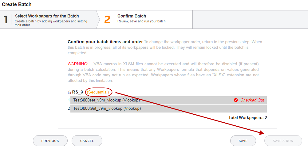Screen capture showing that you cannot run a sequential batch from the batch creation wizard when workpapers are locked or checked out.